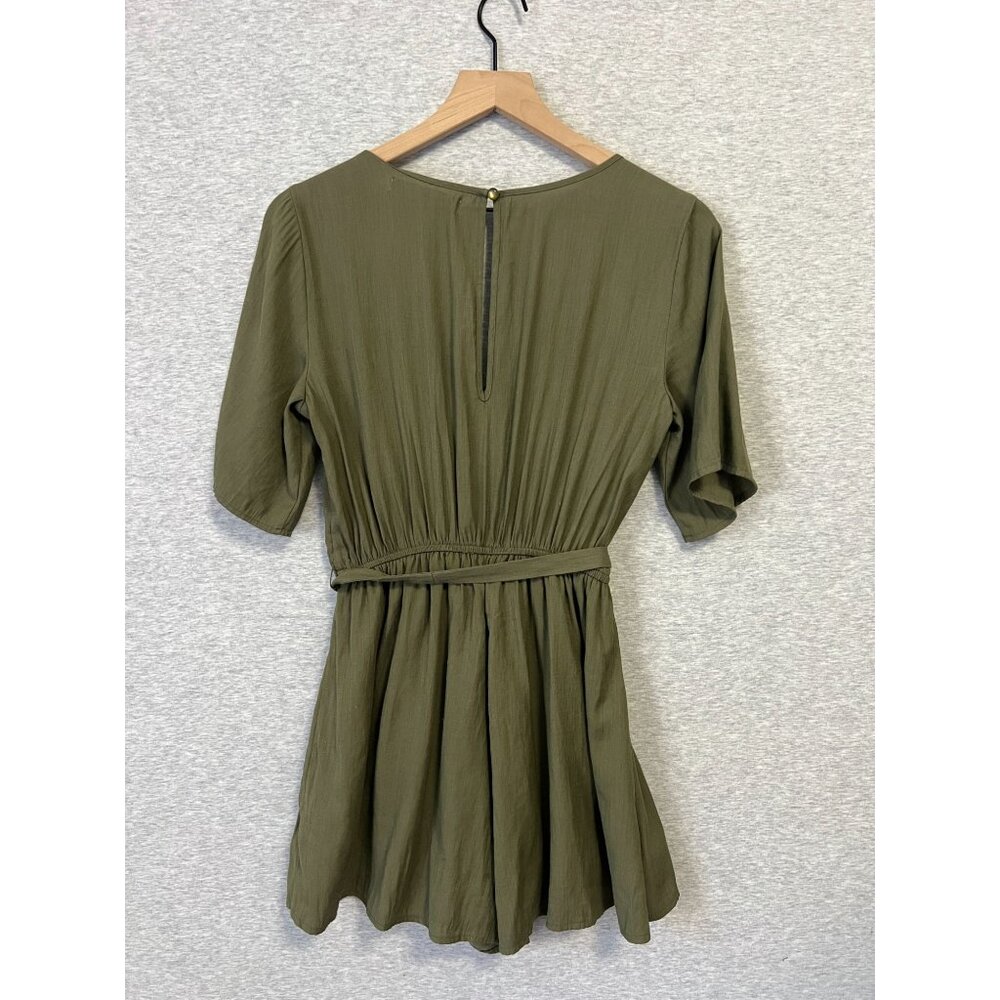 Row A Faux Wrap Romper Womens Small Olive Green Waist Tie Scalloped‎ Neckline - Picture 3 of 9